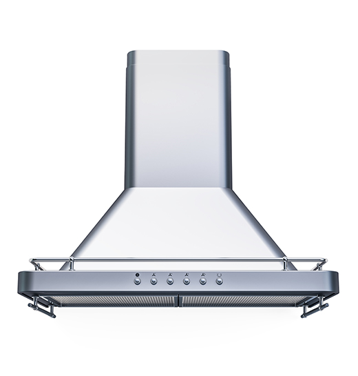 A stainless steel range hood