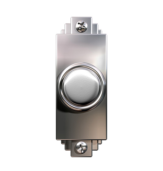 A white doorbell button on nickel-metal plate with white background