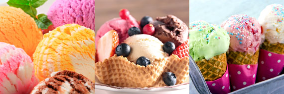 Colorul display of ice cream scoops including yellow, pink, and orange in a bowl.