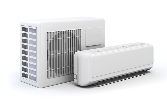 Image shows the two component units of a mini-split systems: the outdoor condenser and indoor air handler on a white background.