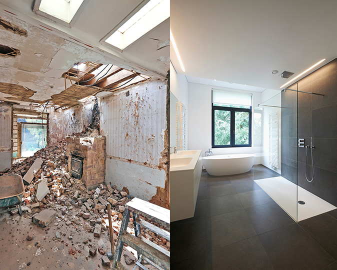 A side-by-side, before-and-after photo of the rehabilitation of a bathroom.