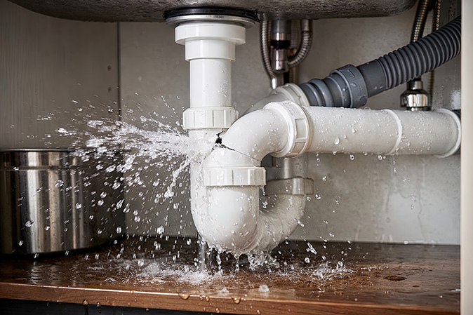 A busted pipe spews water under a kitchen sink causing severe water damage to the homeowner’s home.