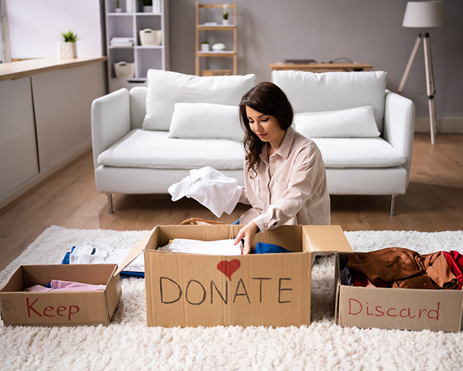 A woman sits on a living room rug, sorting items into multiple boxes.