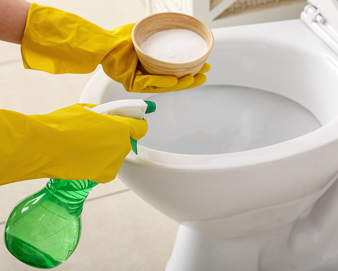 A homeowner wearing yellow rubber gloves prepares to clean their toilet with baking soda and a spray bottle of vinegar.