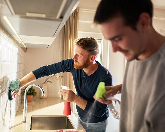 Two young men work together to clean their kitchen.