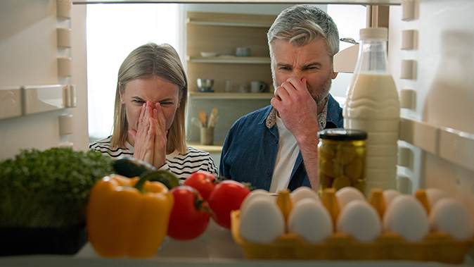 A middle-aged couple plugging their noses from an unpleasant smell in the broken refrigerator.