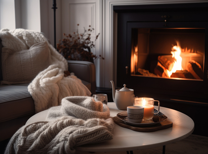 A cozy fireplace with hot drinks on a table and throw blankets nearby.