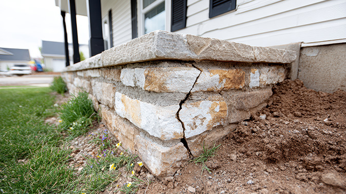 A cracked stone foundation wall is visible on the outside of a home.