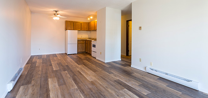 A large, empty room in a home with dark brown hardwood floors and a white electric baseboard heater installed against one wall.