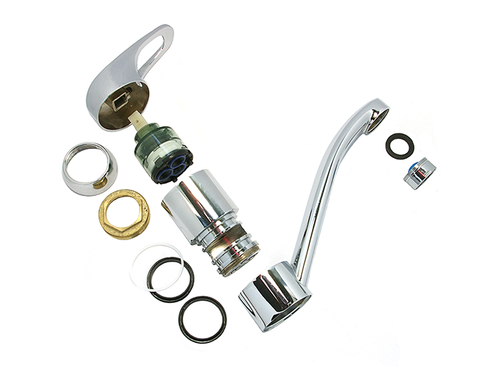 A disassembled cartridge faucet on a white background. 