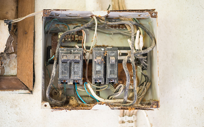 An old circuit breaker with corroded wires.