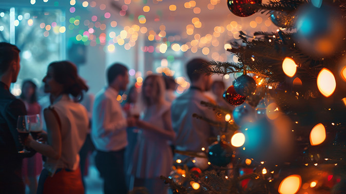 Colleagues gather and mingle at a lively holiday party, enjoying the festive holiday spirit.
