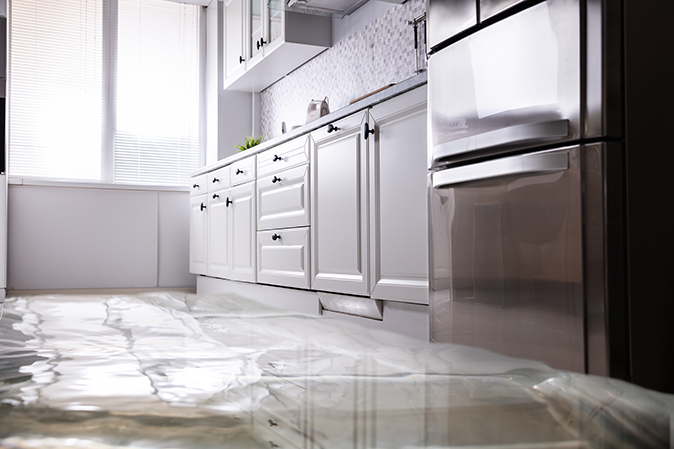 Closeup shows flooding on kitchen floor near refrigerator that broke down.