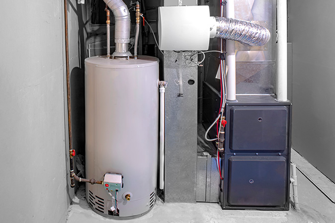 A furnace in the basement of a house on the right side of wall flanked by a water heater on the left.