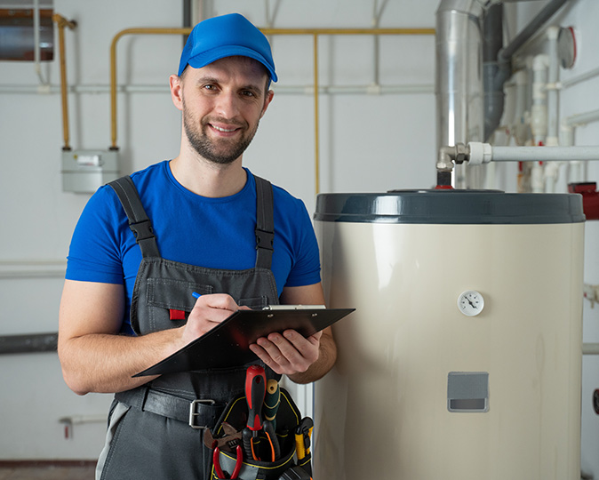 A hot water repairman stands next to a hot water heater with a clipboard in hand.