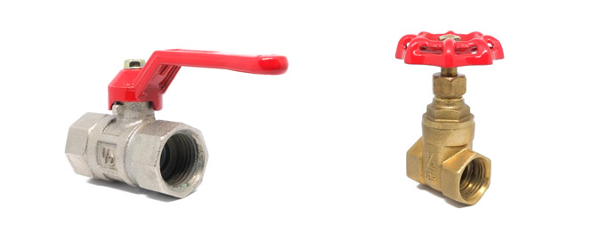Side-by-side image shows example of a ball valve on the left and a gate valve on the right against white background.
