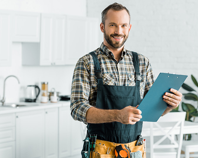 A smiling handyman goes looks over his notes.