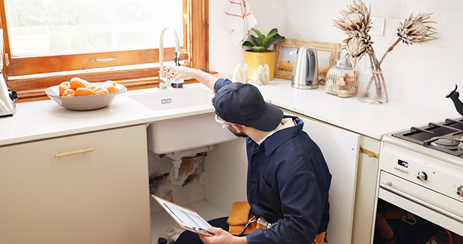 A handyman with a clipboard performing maintenance on a kitchen sink.