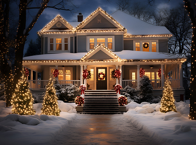 Cozy, winter scene shows a home decorated for the holidays.