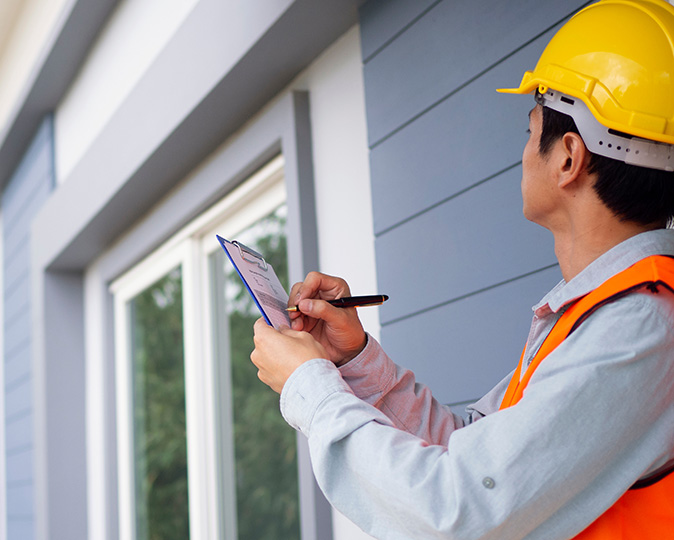  A home inspector in a safety vest and hard hat inspects the exterior of a home. 