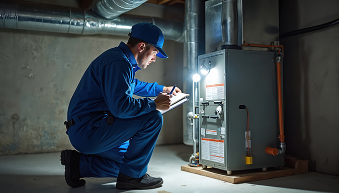 A home inspector examines a furnace in the basement and writes notes on a clipboard.