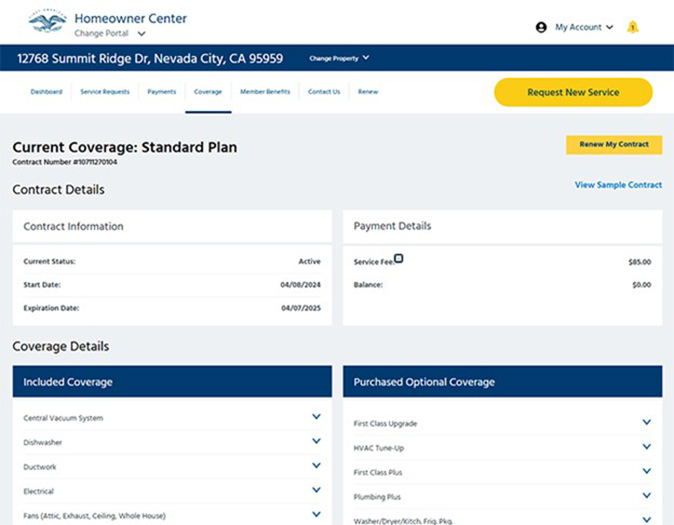 Image shows an example of coverage details in a typical First American home warranty online account.