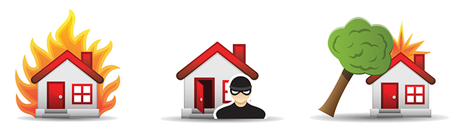 Illustration of a home burning, being vandalized, and experiencing a natural disaster