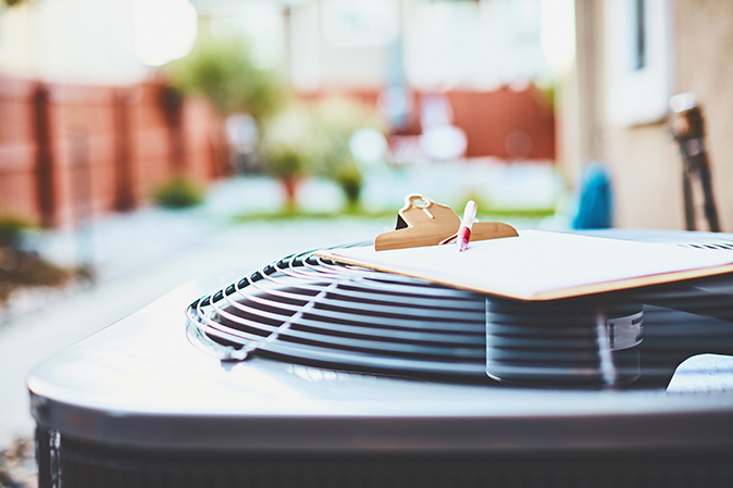 An outdoor HVAC unit with a clipboard and pen sitting on top, with a blurred background