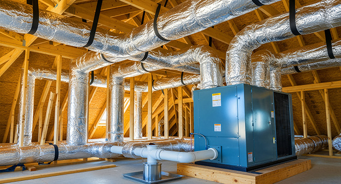 Image of attic with HVAC unit connected to new ductwork.