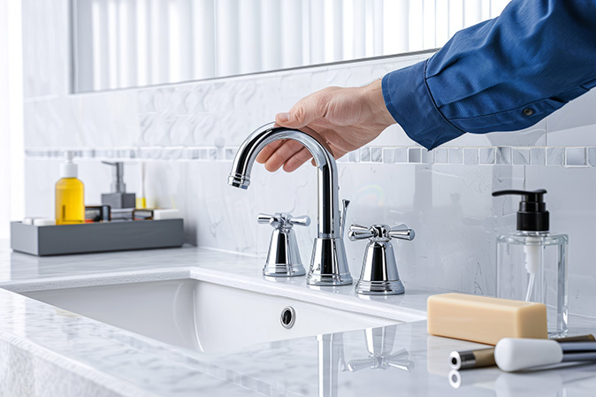 A plumber works in a modern bathroom, installing a new faucet on a white sink.