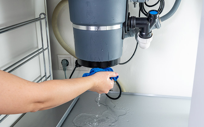 A woman’s hand holding a blue towel against a garbage disposal leaking water under a sink.