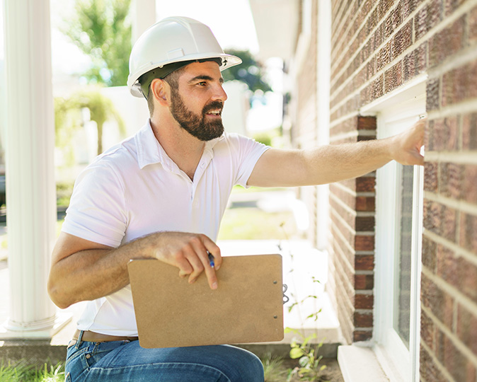 A home inspector in safety gear checks the windows of a house.