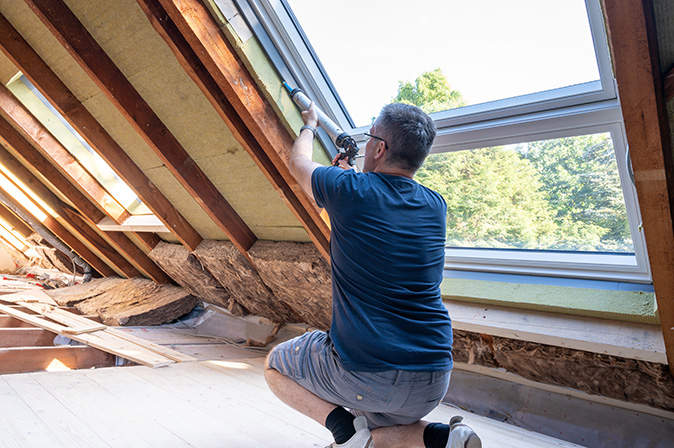 A man using a caulk gun to fills gaps in an attic window.