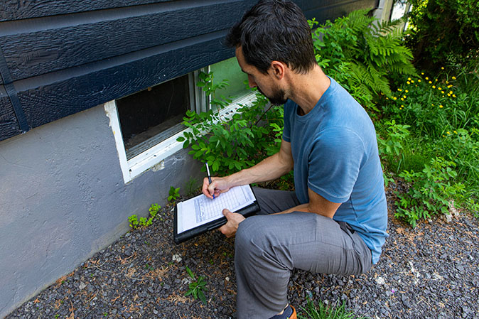 Inspector with a clipboard kneeling outside a basement window and making notes about issues with the home’s exterior.