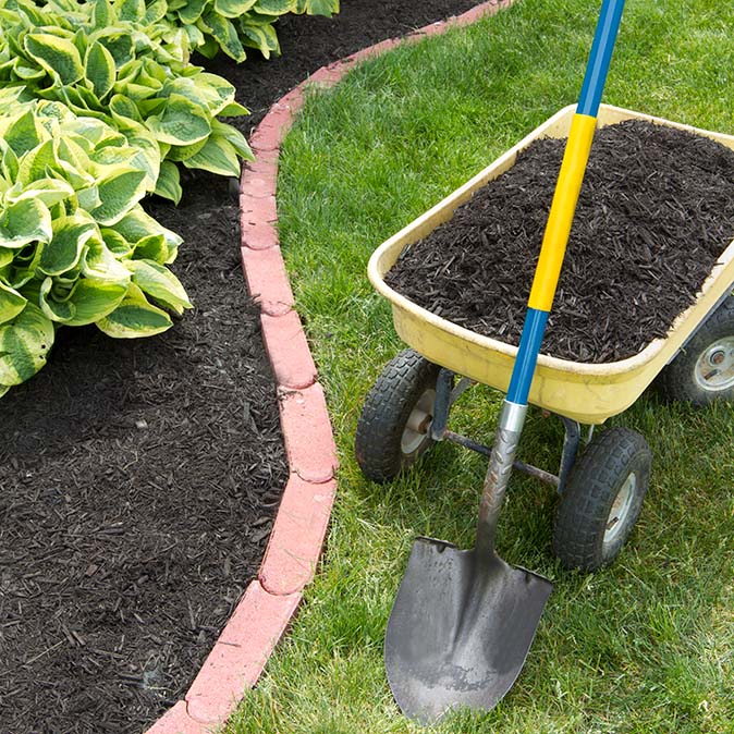 New mulch recently added to to garden area with tools nearby