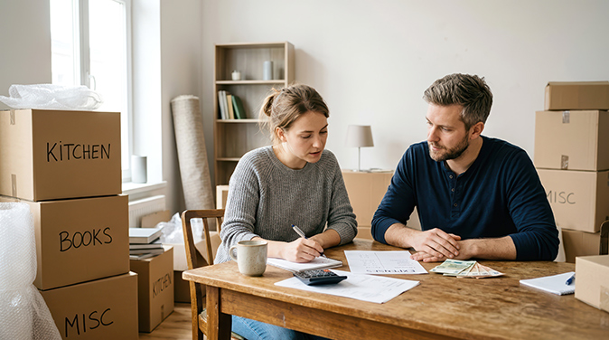 A young couple review household expenses in their new home, with moving boxes nearby.