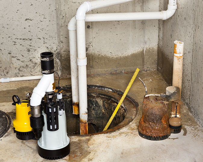 The image shows a basement where a rusted old sump pump was removed from the sump pit and a new yellow pump sits nearby to replace it.