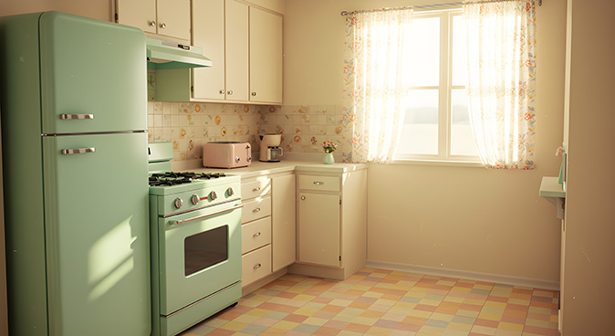 Outdated kitchen with green pastel appliances, checkered linoleum flooring, and yellow cabinets.