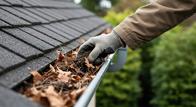 A person clearing leaves from roof gutters