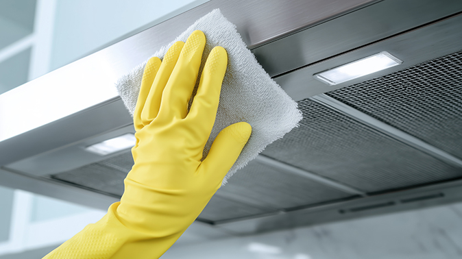 Cleaning outer surface of kitchen range hood using soft white cloth.