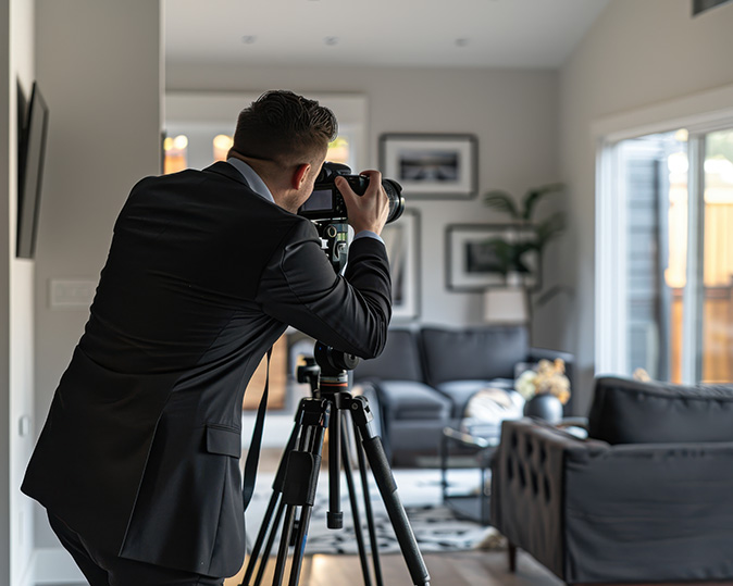A photographer is taking a photo of a staged room in a house that is for sale.
