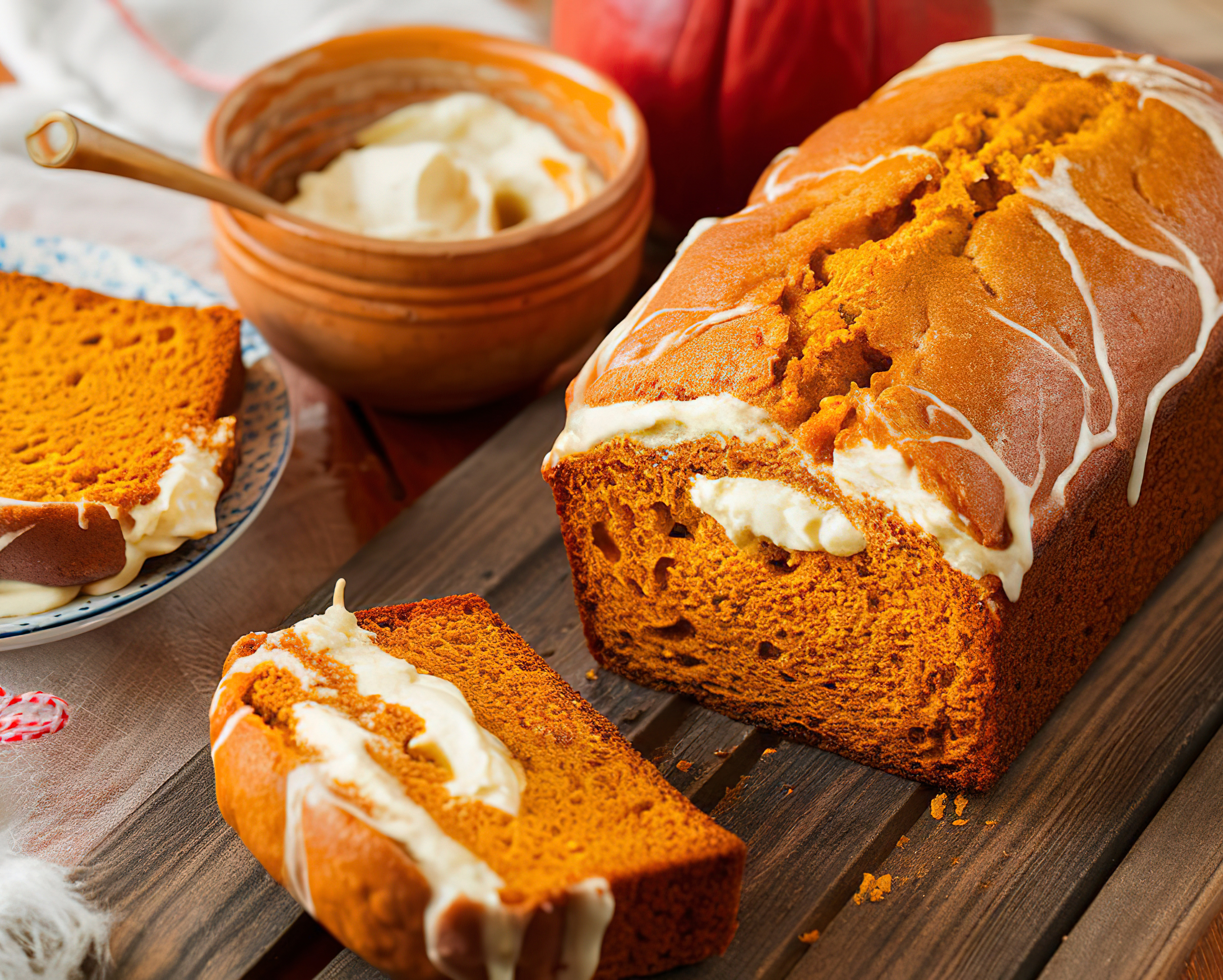 A perfectly baked pumpkin bread with cream cheese swirl.