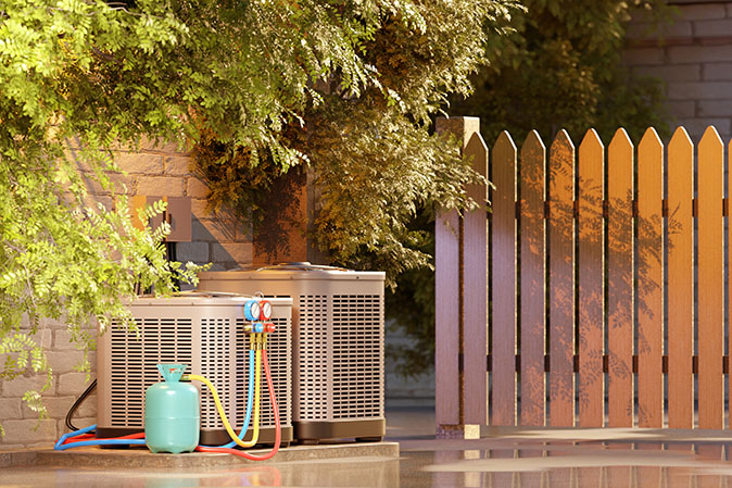 View of AC unit with refrigerant tank and gauges as an HVAC service is in progress.