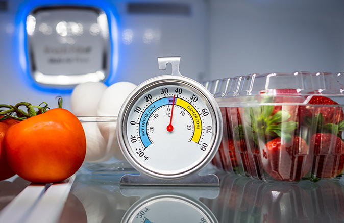 A refrigerator thermometer checking the accuracy of the fridge’s temperature.