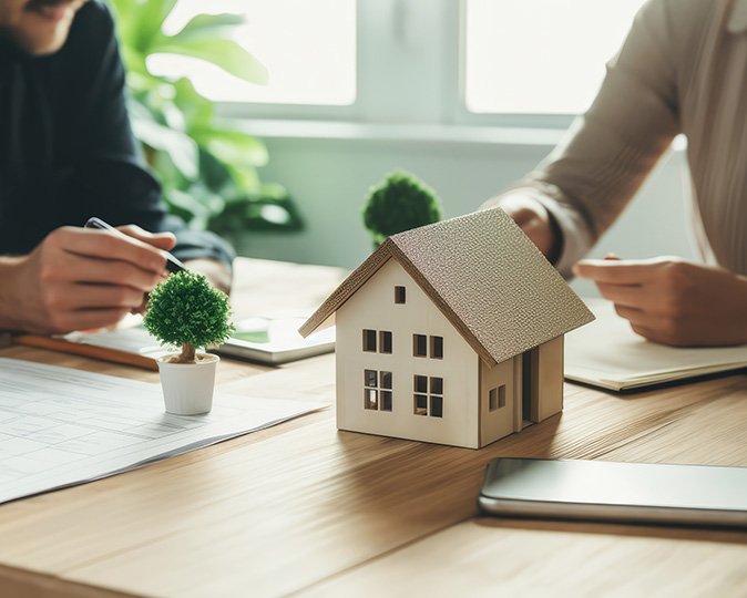 A real estate agent and a client sit reviewing paperwork. A small model of a house sits on the table nearby.