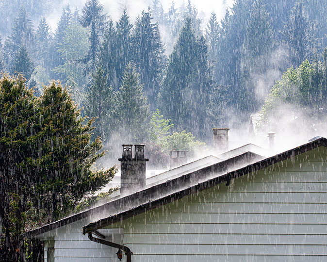 Rain falls on the roof of a house in the daytime as steam rises from the roof.