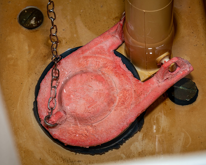 A damaged, corroded flapper sits at the bottom of a toilet tank.