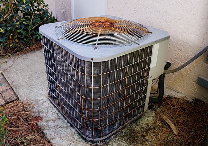 Photo of an old, rusty HVAC system outside a home.