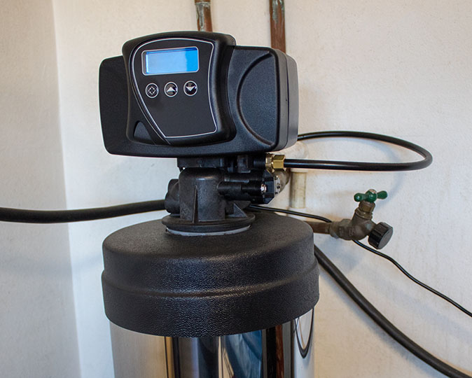 A salt-free water softener tank with a digital meter on top.