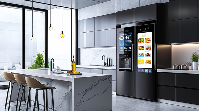 A smart refrigerator displays meal suggestions and other information on its doors.